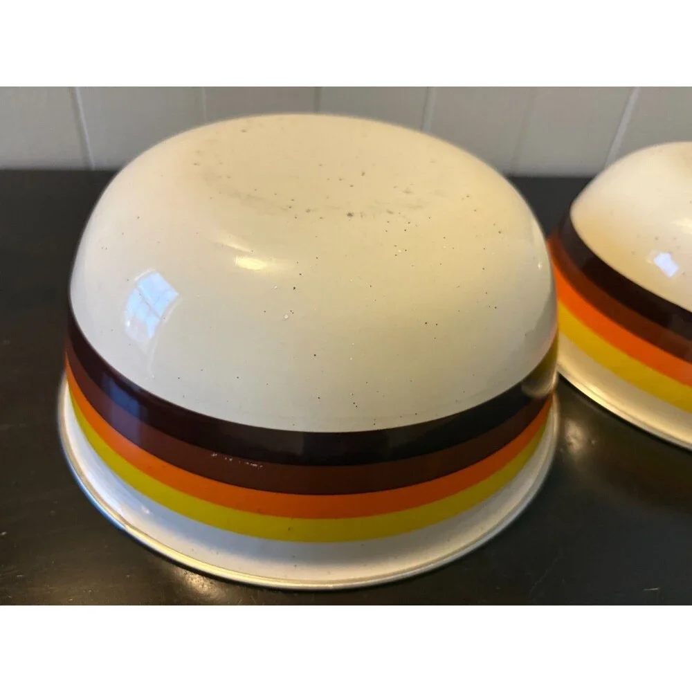 Vintage Enamel Mixing Bowls Set of 2 Striped Yellow Orange Brown 8